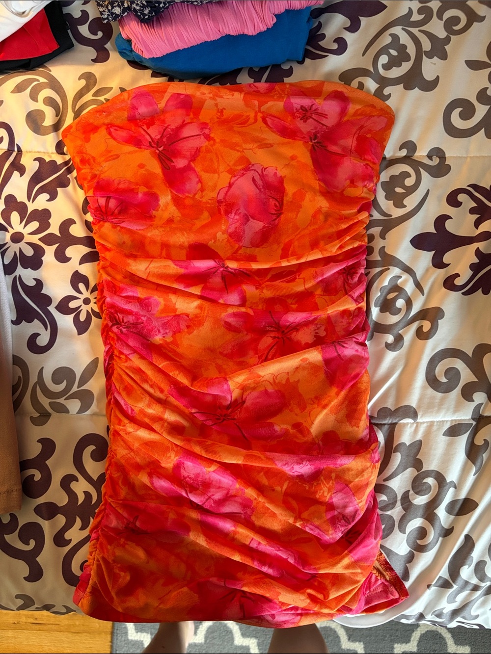 Strapless Ruched Floral Bodycon Dress - Orange & Pink